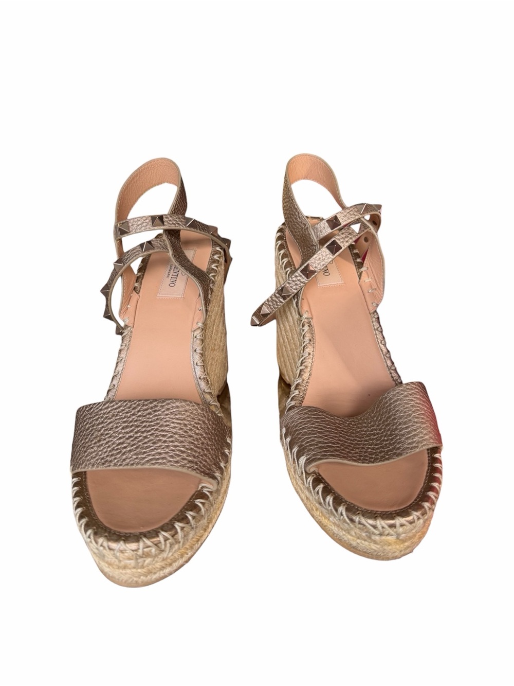 Valentino Garavani Rose Gold Leather Rockstud Espadrille Wedges